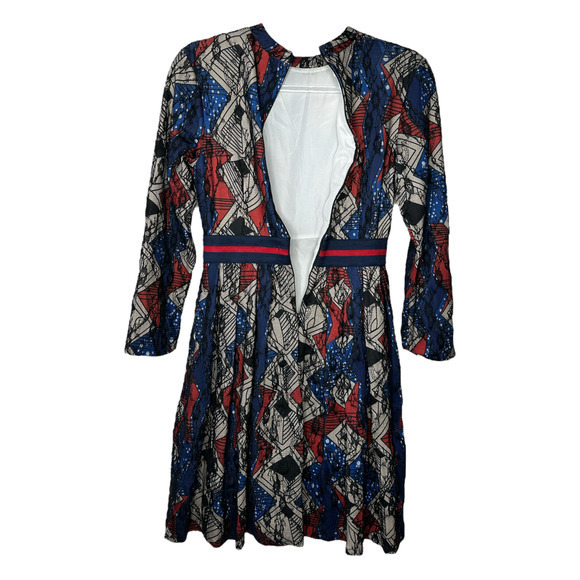 Unbranded Womens Geometric Sheath Dress Small Lace Blue Red Lined Elastic Waist - Picture 3 of 6